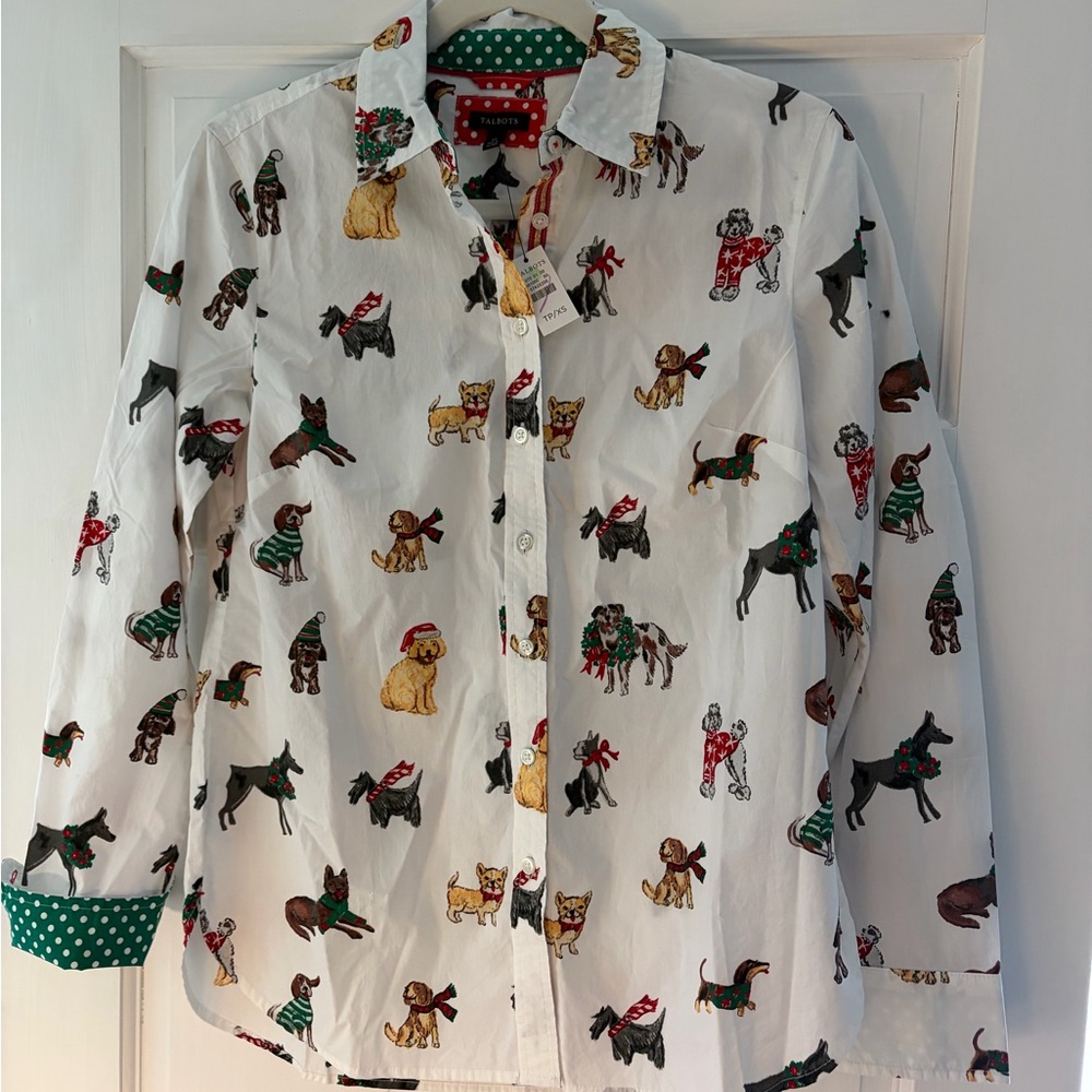NWT Talbots Holiday Dog Print Button-Up Shirt